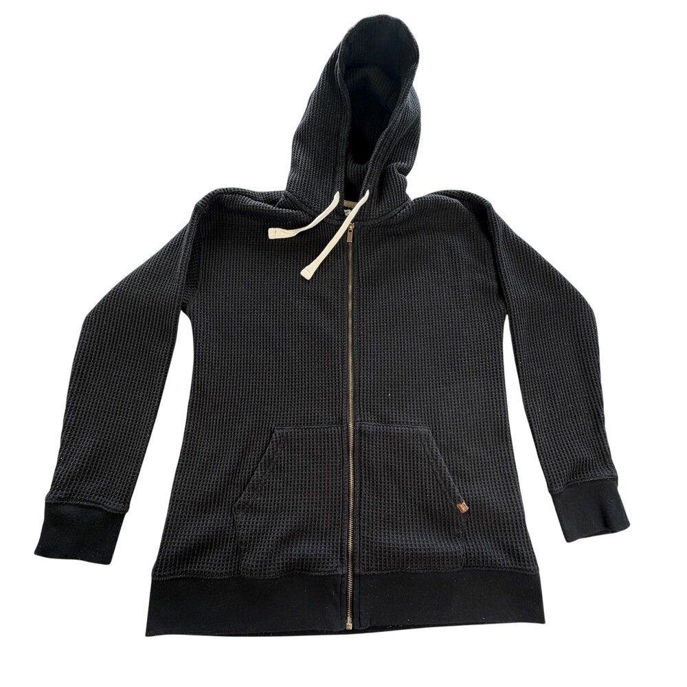 L.L.Bean Hoodie Mens Medium Black Waffle Knit Full Zip Thermal Fleece Pockets